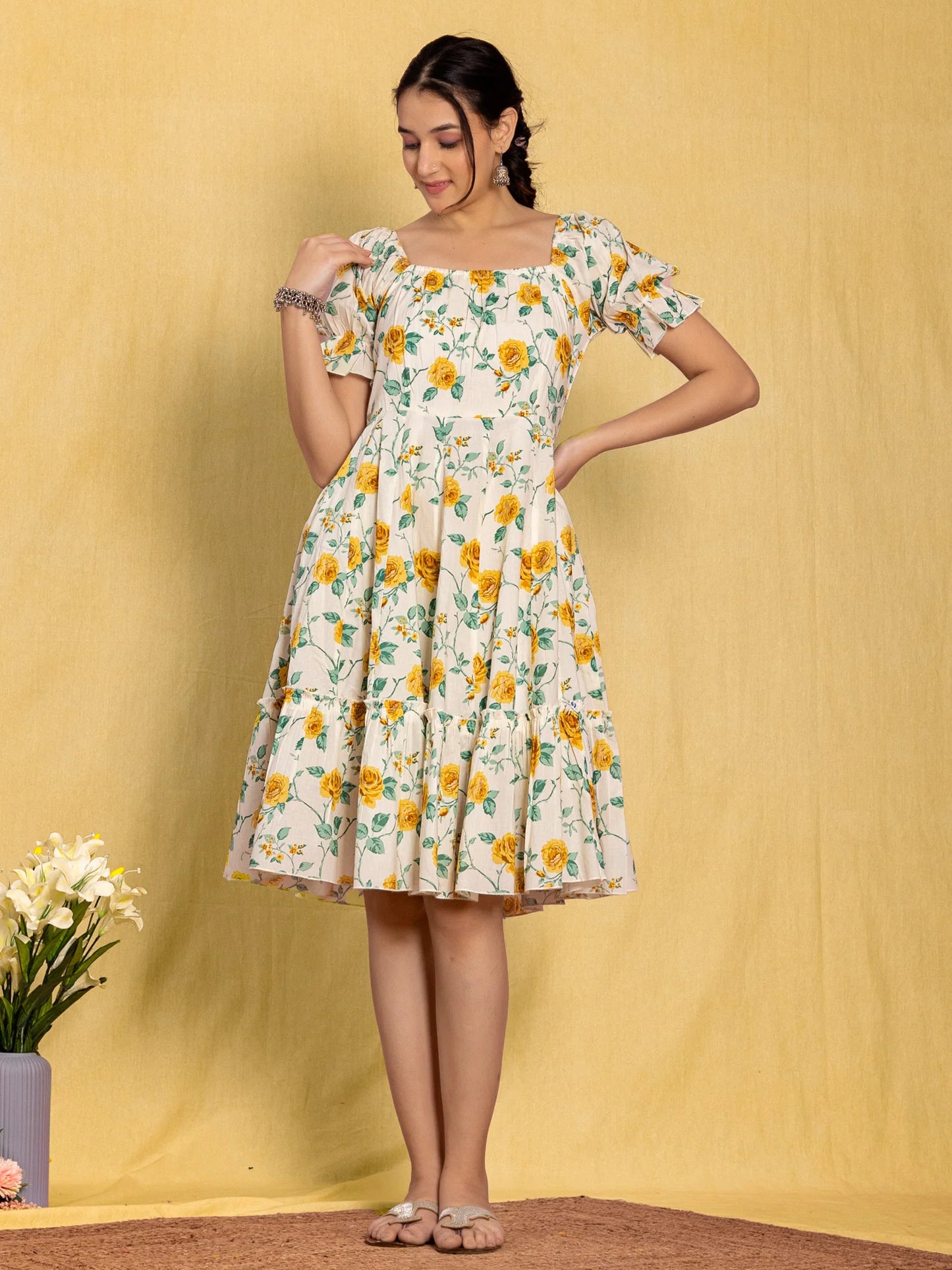 White Floral Flared Dress with Puffed Sleeves