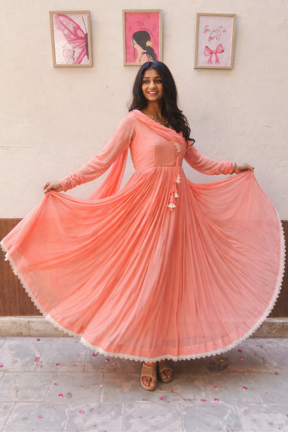 Candy Peach Chiffon Fully Flared Three Piece Anarkali Set