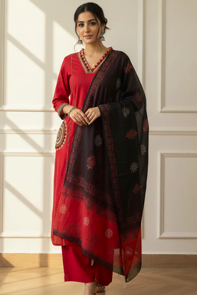 Exquisite Mandala Art Embroidered Red Flared Dress