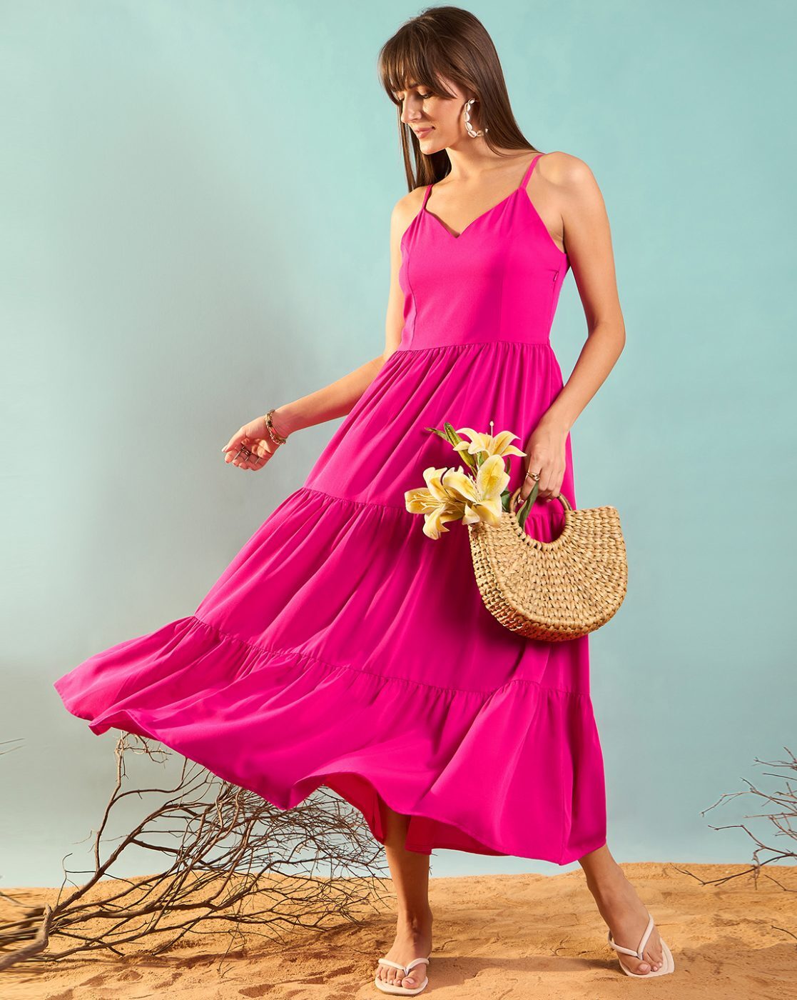 Cotton Magenta Pink Flared Dress