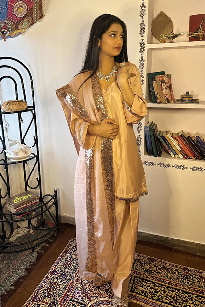 Crepe Silk Peach Farshi Salwar Suit with Glass Organza Dupatta