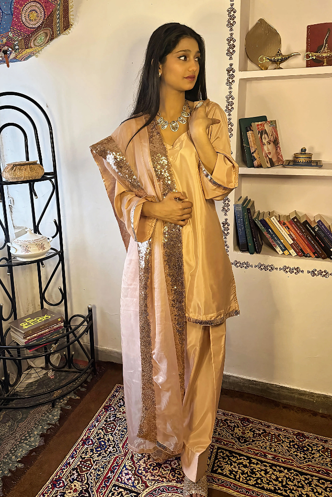 Crepe Silk Peach Farshi Salwar Suit with Glass Organza Dupatta