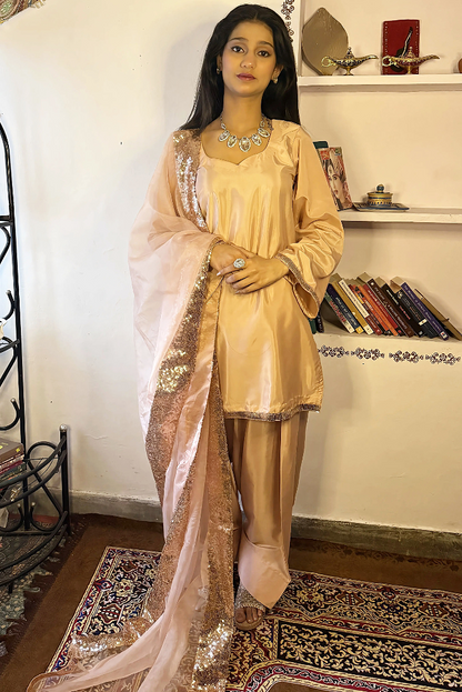 Crepe Silk Peach Farshi Salwar Suit with Glass Organza Dupatta