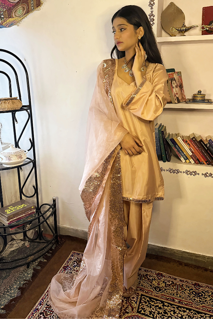 Crepe Silk Peach Farshi Salwar Suit with Glass Organza Dupatta