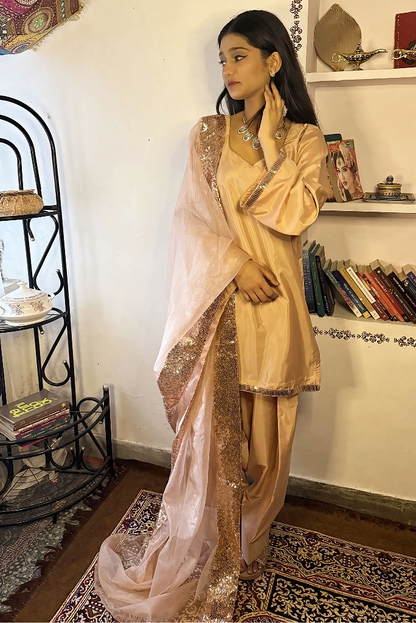 Crepe Silk Peach Farshi Salwar Suit with Glass Organza Dupatta