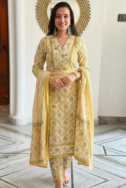 Pearl Work Yellow and White Designer Cotton Salwar Suit