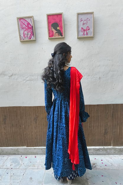 Blue Cotton Block Print Anarkali Set with Red Chiffon Dupatta