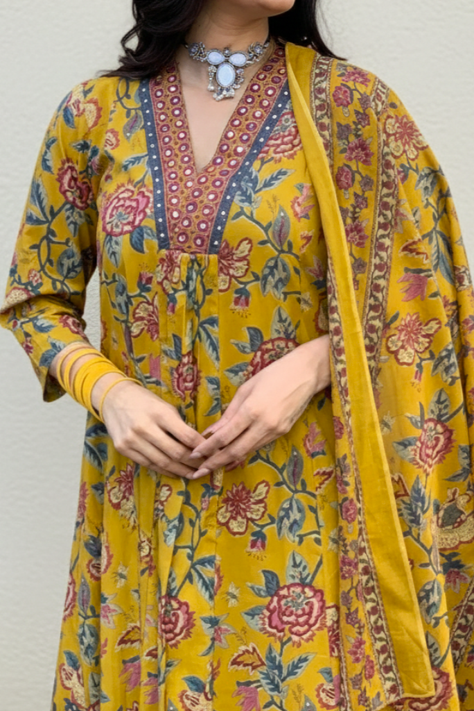 Flared Three Piece Mustard Yellow Floral Suit Set
