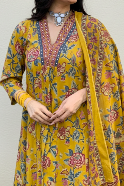 Flared Three Piece Mustard Yellow Floral Suit Set