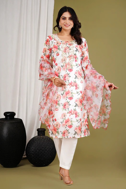 Embroidered Floral Organza White Suit Set