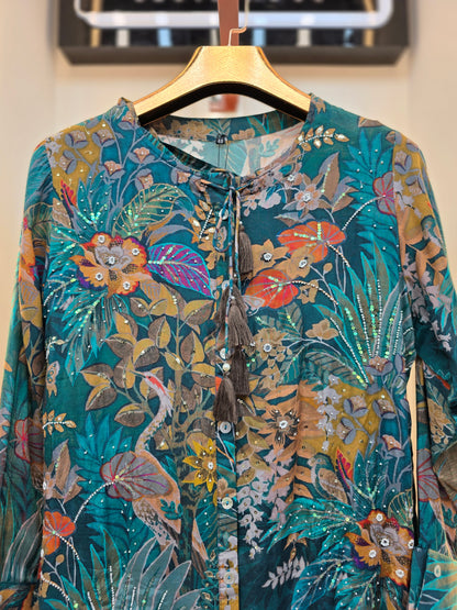 Muslin Sea Green Floral Printed Coord Set with Handwork