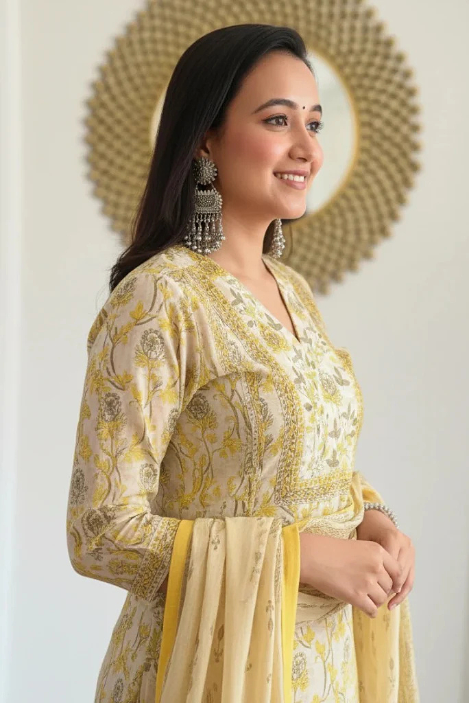 Pearl Work Yellow and White Designer Cotton Salwar Suit