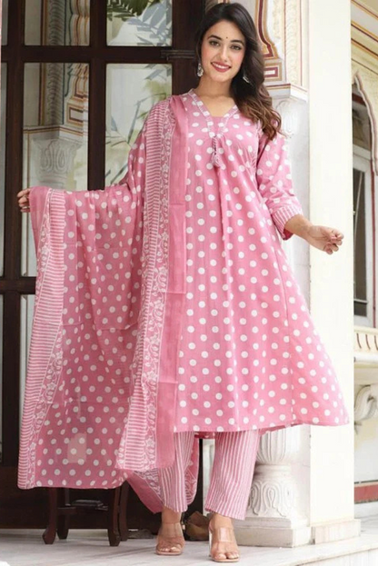 Polka Dot Print Mul Cotton Flared Salwar Suit