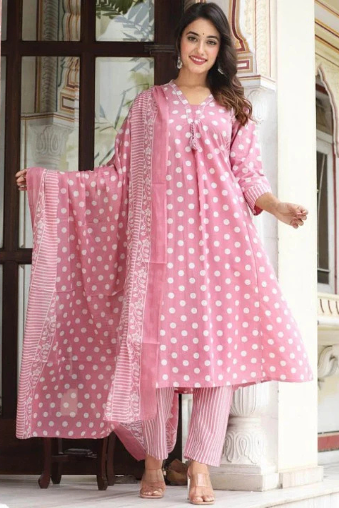 Polka Dot Print Mul Cotton Flared Salwar Suit