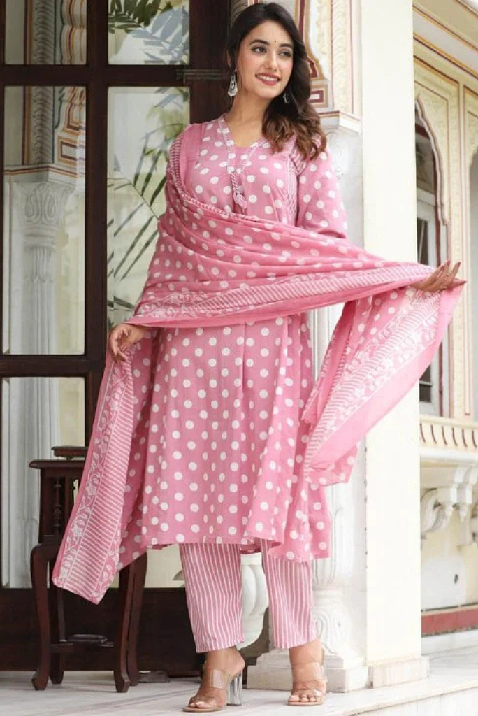 Polka Dot Print Mul Cotton Flared Salwar Suit