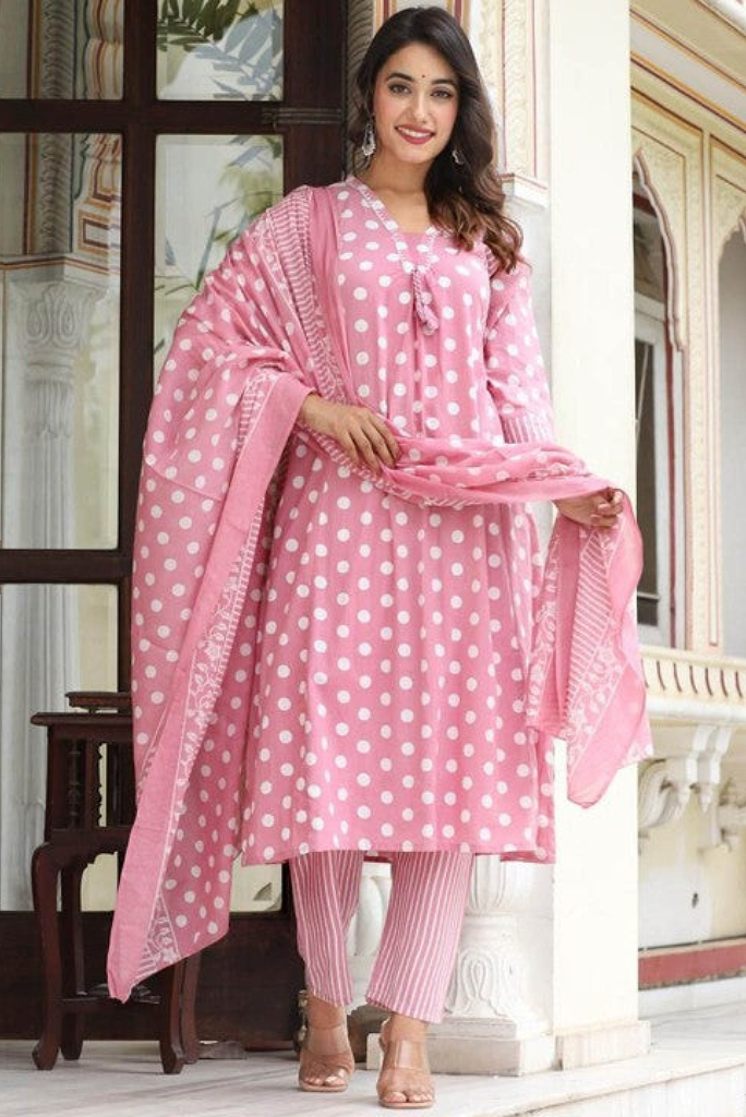Polka Dot Print Mul Cotton Flared Salwar Suit