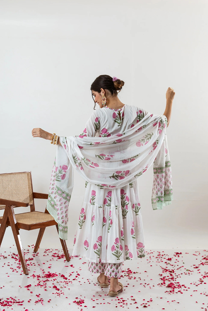 Double Choli Block Print Cotton Anarkali Set (only XL)