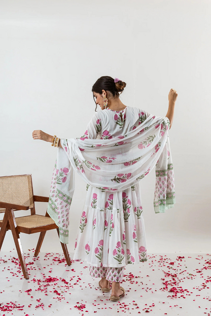 Double Choli Block Print Cotton Anarkali Set (only XL)