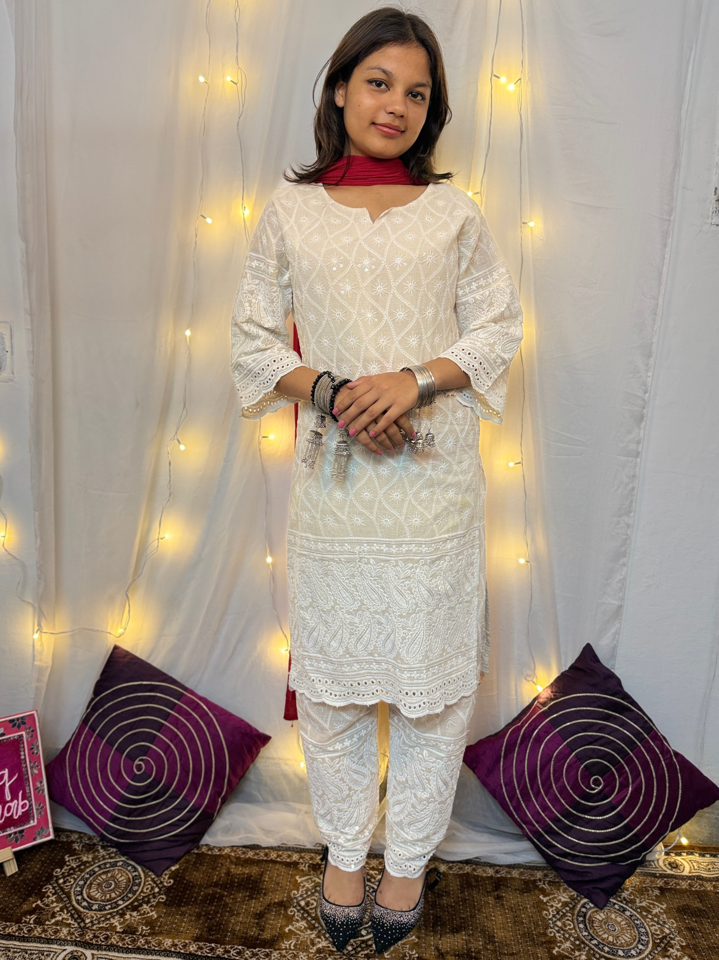 Kora White Three Piece Set with Red Dupatta