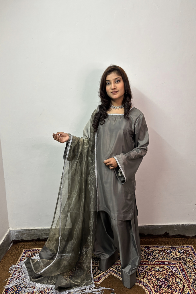 Marble Grey Crepe Silk Three Piece Farshi Salwar Suit