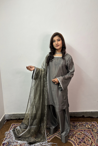 Marble Grey Crepe Silk Three Piece Farshi Salwar Suit