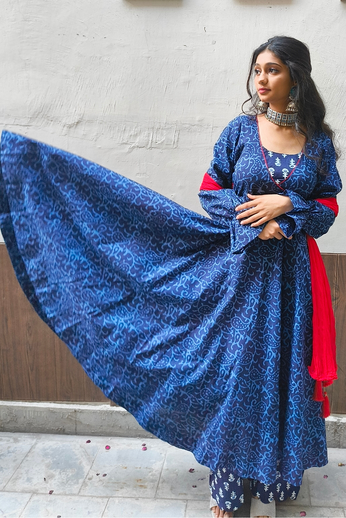 Blue Cotton Block Print Anarkali Set with Red Chiffon Dupatta
