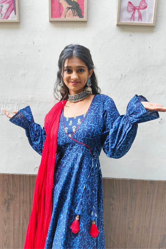 Blue Cotton Block Print Anarkali Set with Red Chiffon Dupatta