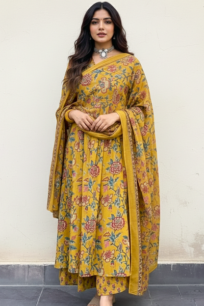 Flared Three Piece Mustard Yellow Floral Suit Set