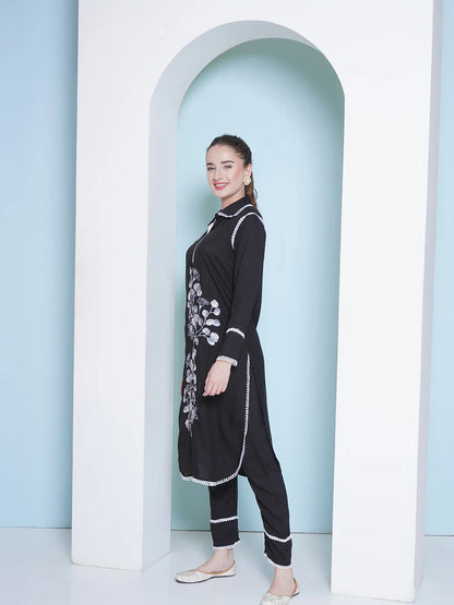 Designer Black Kurta Set with Lacework & Embroidery