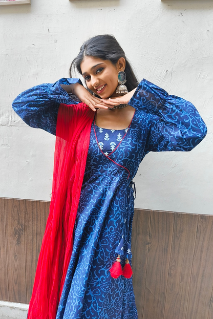Blue Cotton Block Print Anarkali Set with Red Chiffon Dupatta