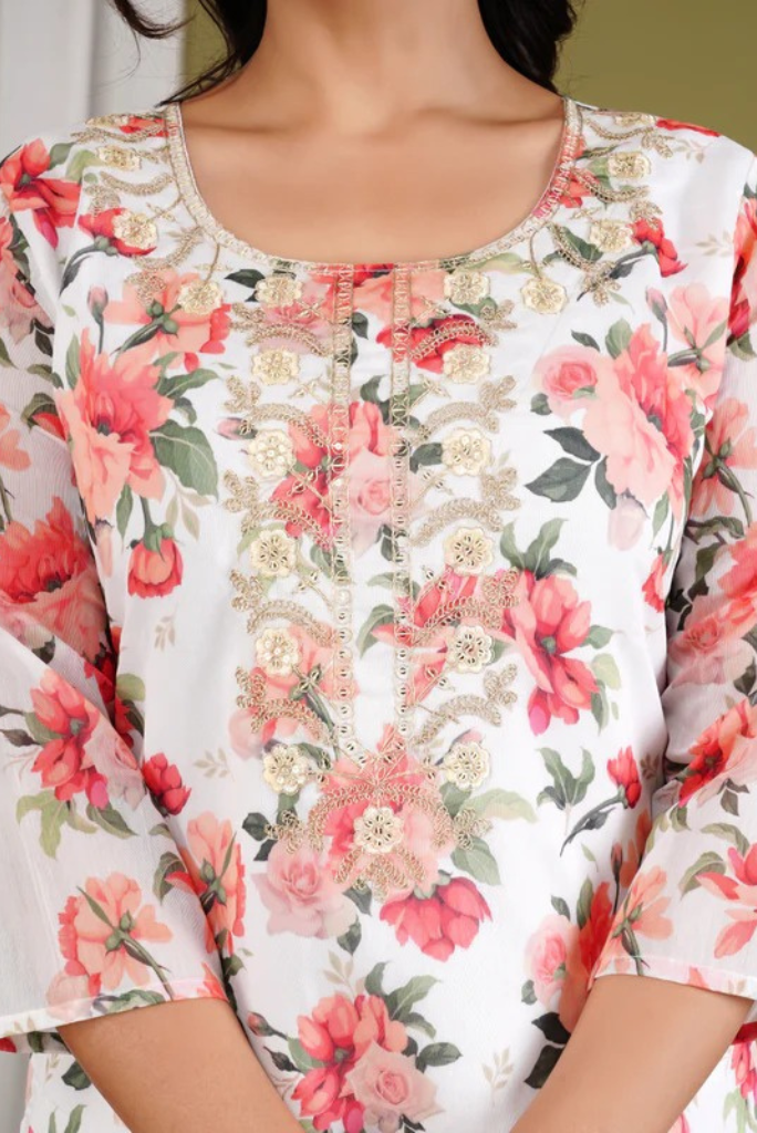 Embroidered Floral Organza White Suit Set