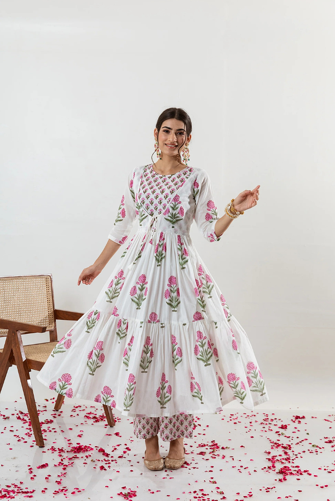 Double Choli Block Print Cotton Anarkali Set (only XL)