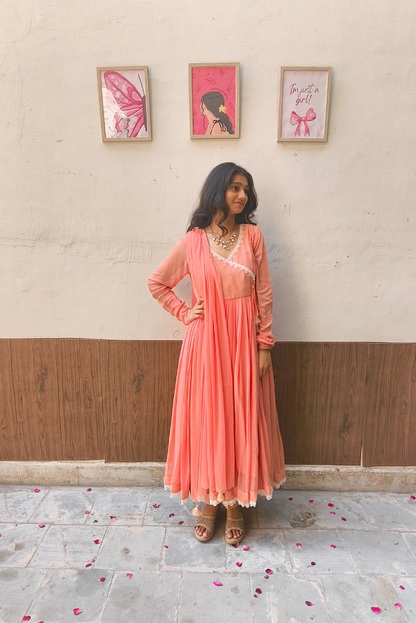 Candy Peach Chiffon Fully Flared Three Piece Anarkali Set