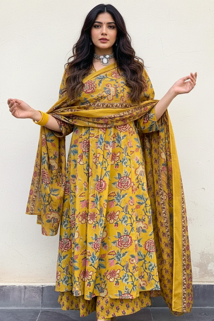Flared Three Piece Mustard Yellow Floral Suit Set