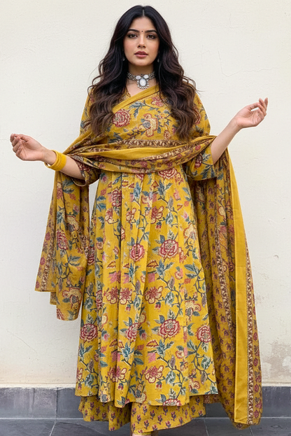 Flared Three Piece Mustard Yellow Floral Suit Set