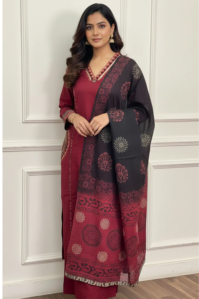 Mandala Tribal Embroidery Maroon 3 Piece Kurti Palazzo with Dupatta Set