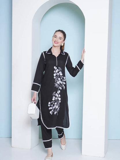 Designer Black Kurta Set with Lacework & Embroidery