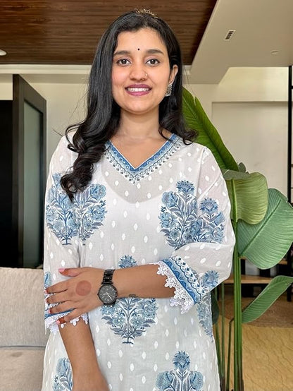 Block Print White and Teal Salwar Suit with Sequence Handwork