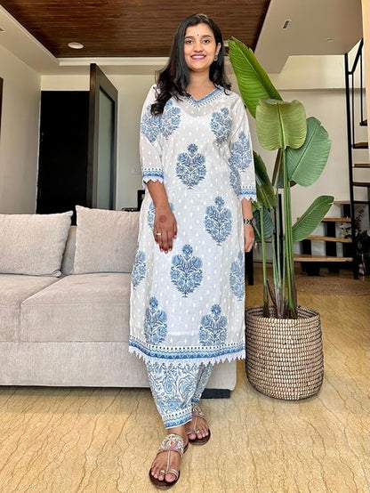 Block Print White and Teal Salwar Suit with Sequence Handwork