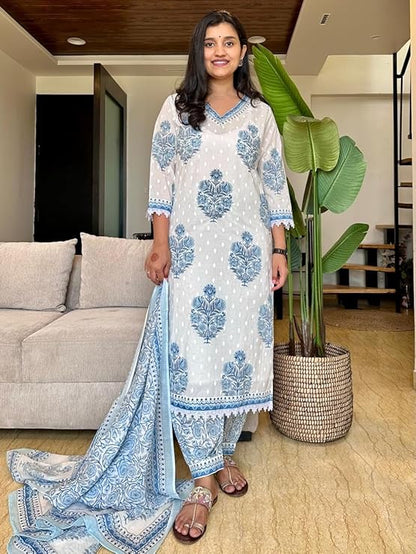 Block Print White and Teal Salwar Suit with Sequence Handwork