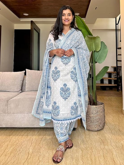 Block Print White and Teal Salwar Suit with Sequence Handwork