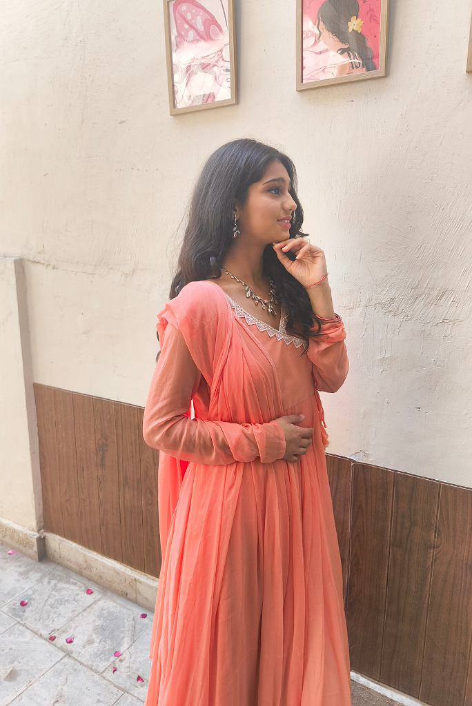 Candy Peach Chiffon Fully Flared Three Piece Anarkali Set