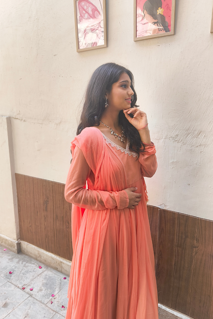 Candy Peach Chiffon Fully Flared Three Piece Anarkali Set