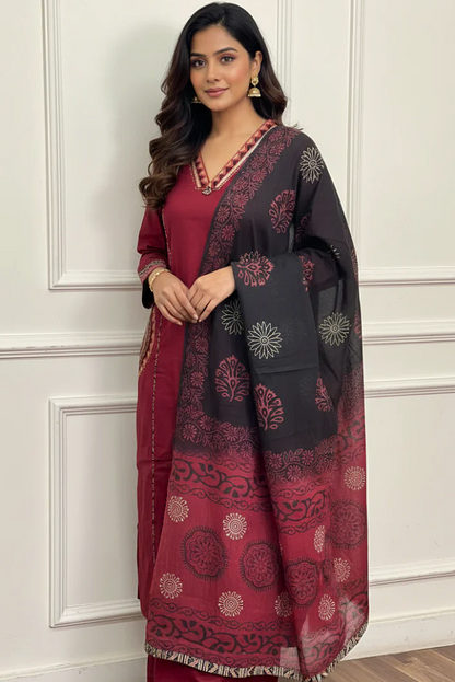 Mandala Tribal Embroidery Maroon 3 Piece Kurti Palazzo with Dupatta Set