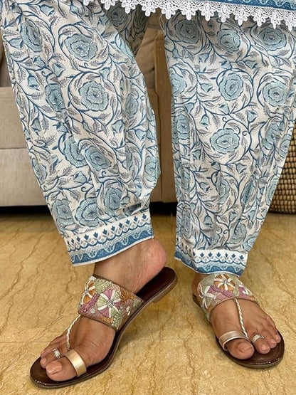 Block Print White and Teal Salwar Suit with Sequence Handwork