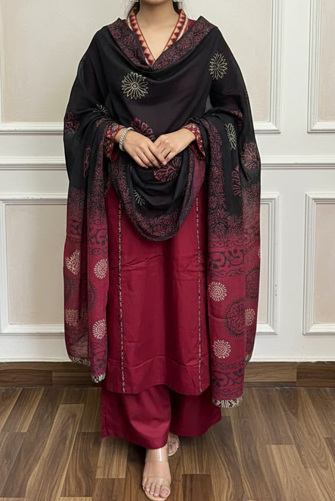 Mandala Tribal Embroidery Maroon 3 Piece Kurti Palazzo with Dupatta Set