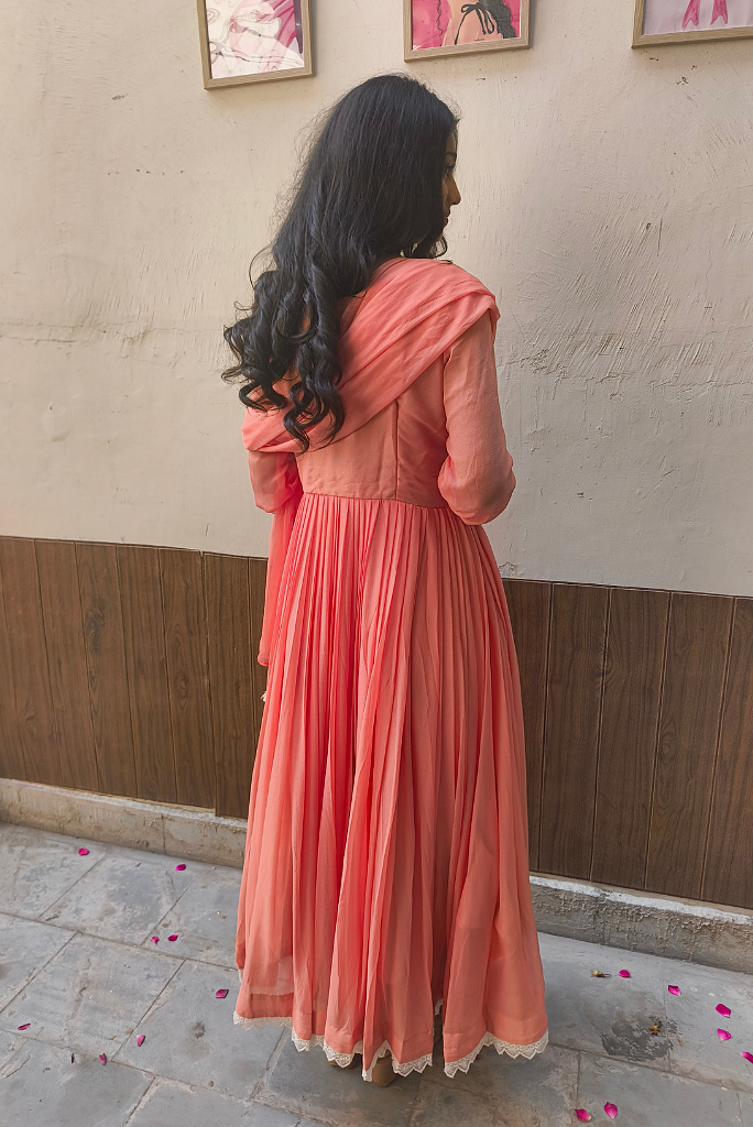 Candy Peach Chiffon Fully Flared Three Piece Anarkali Set