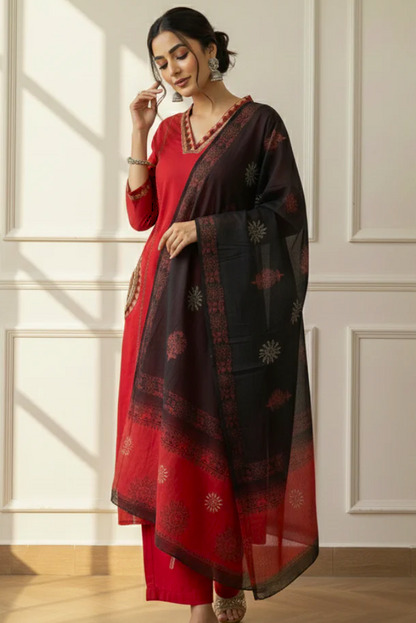 Exquisite Mandala Art Embroidered Red Flared Dress