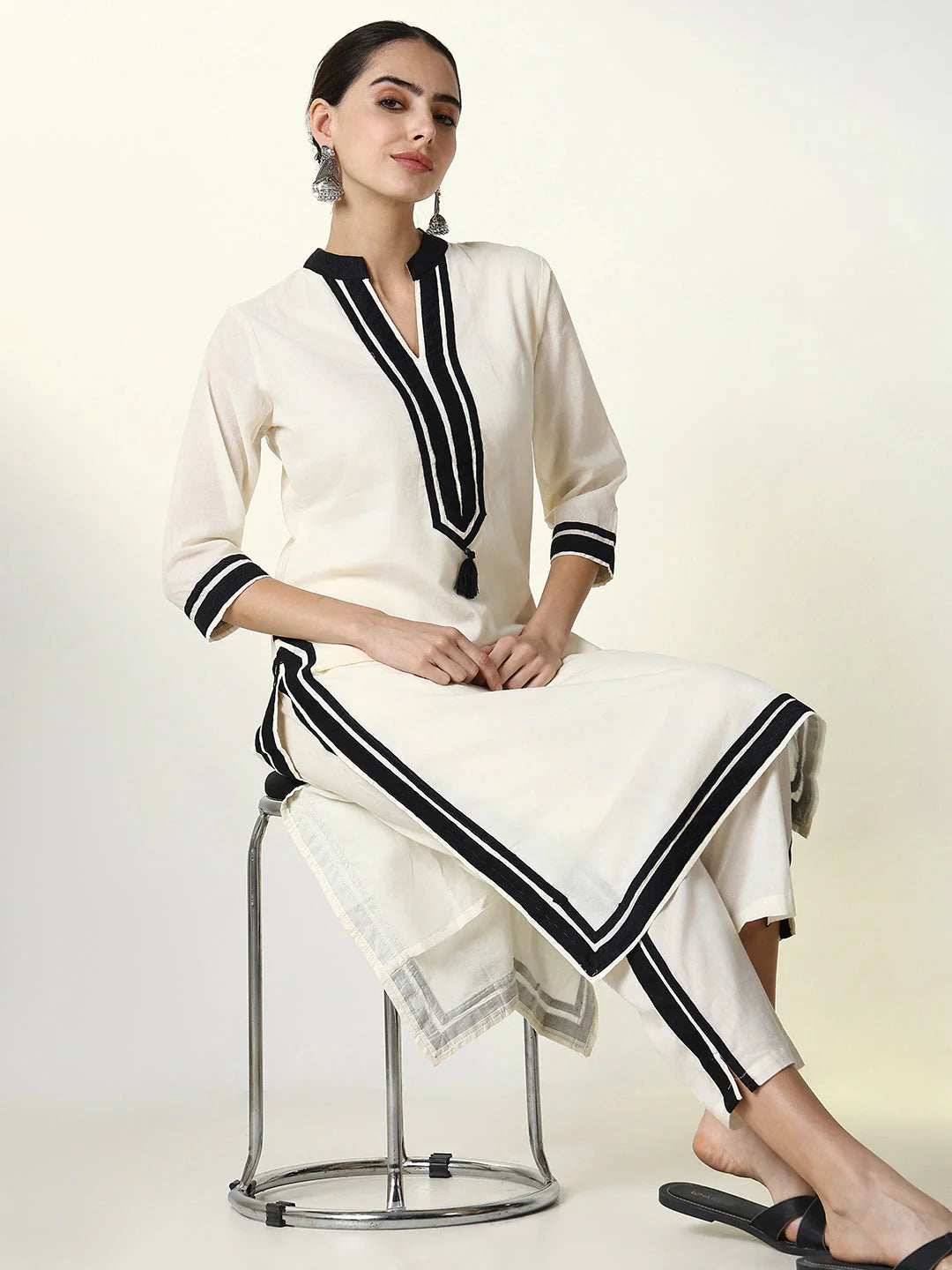 White Officewear Cotton Kurta Set with Black Stripes