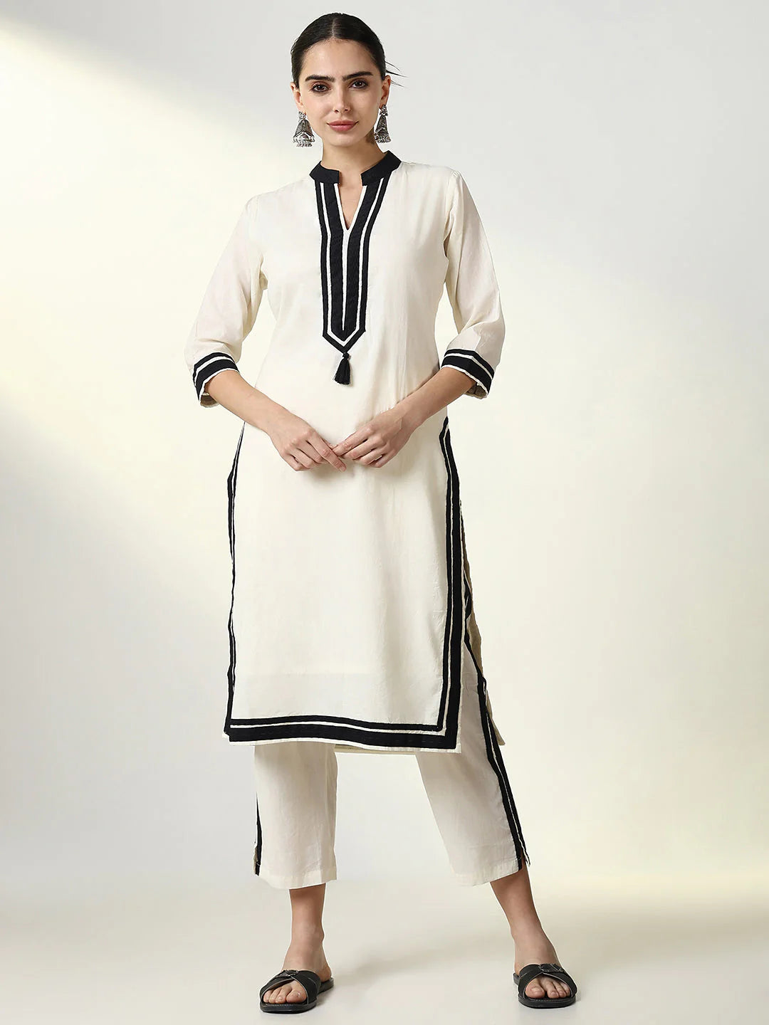 White Officewear Cotton Kurta Set with Black Stripes
